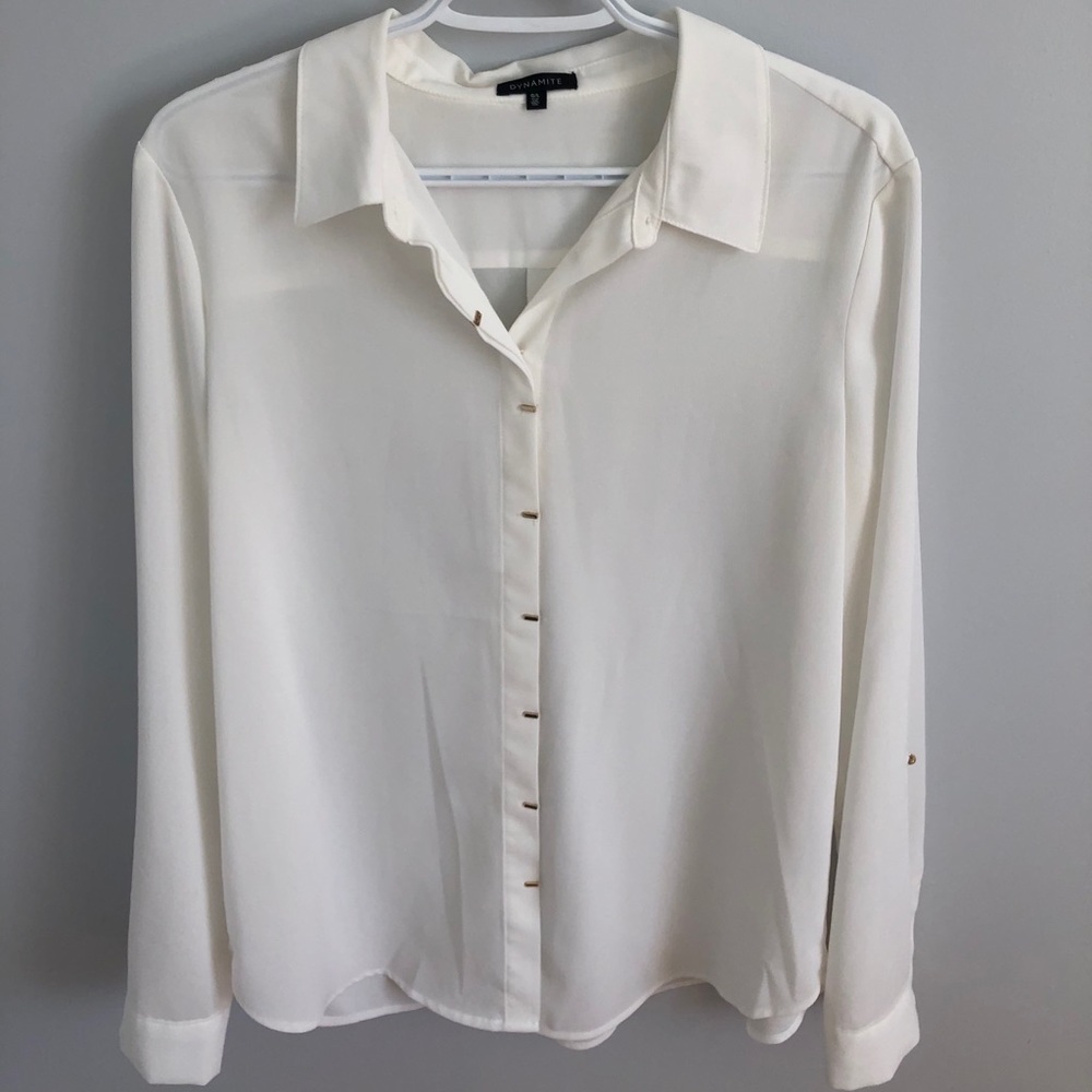 White Chiffon Blouse/Work Top with Gold Accents
